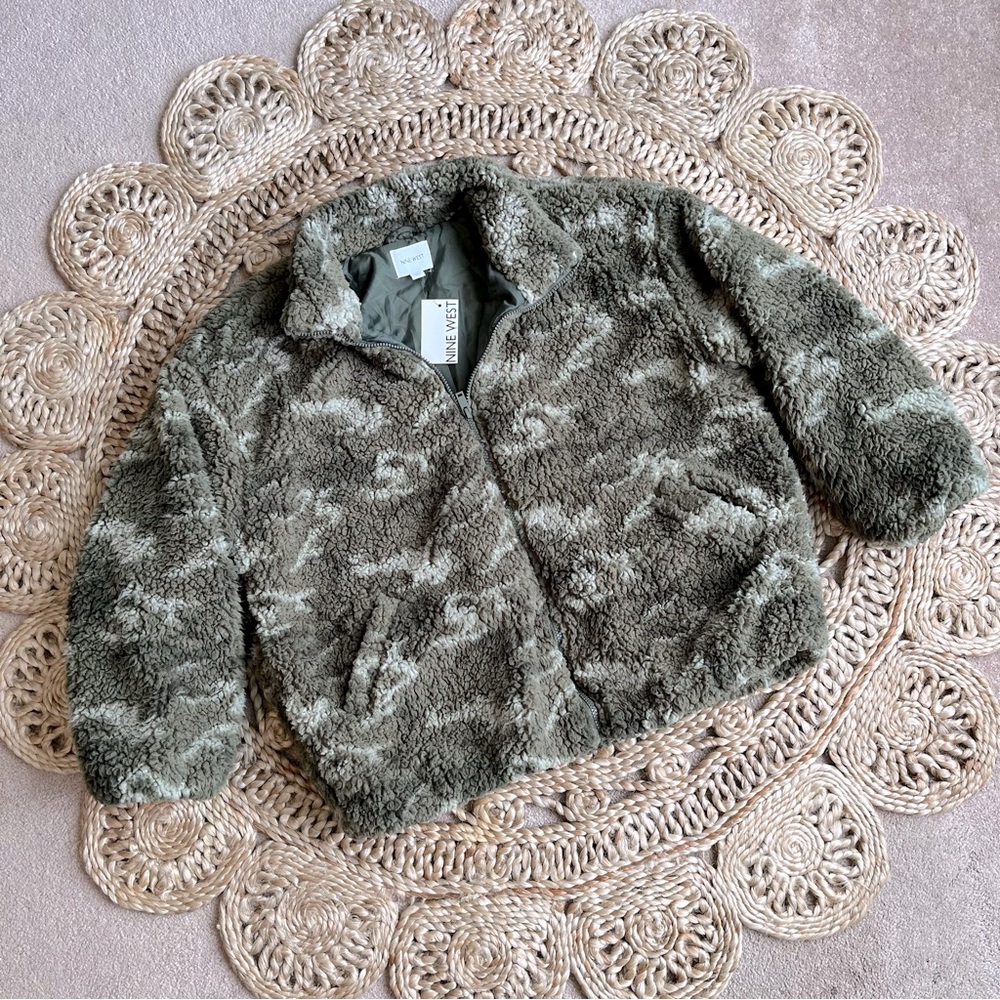 NINE WEST Zip Up Teddy Jacket, Green Camouflage, XXL